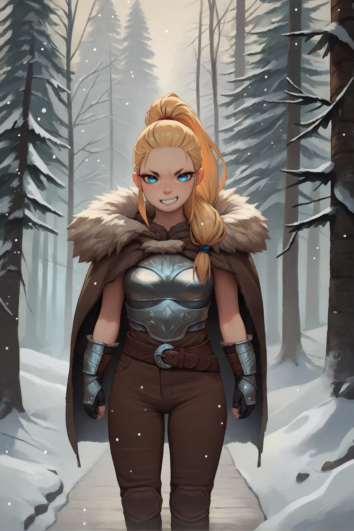 score_9, score_8_up, score_7_up, score_6_up, score_5_up, score_4_up, source_anime, front view, winter, forest, pine tree, snow, snowing, fog, looking at viewer, blue eyes, female, grin, v-shaped eyebrows, solo, human, blonde hair, long hair, ponytail, tied hair, medium breasts, armor, fur trim, fur bracers, pelt cape, brown pants, belt, viking, light skin, thick thighs