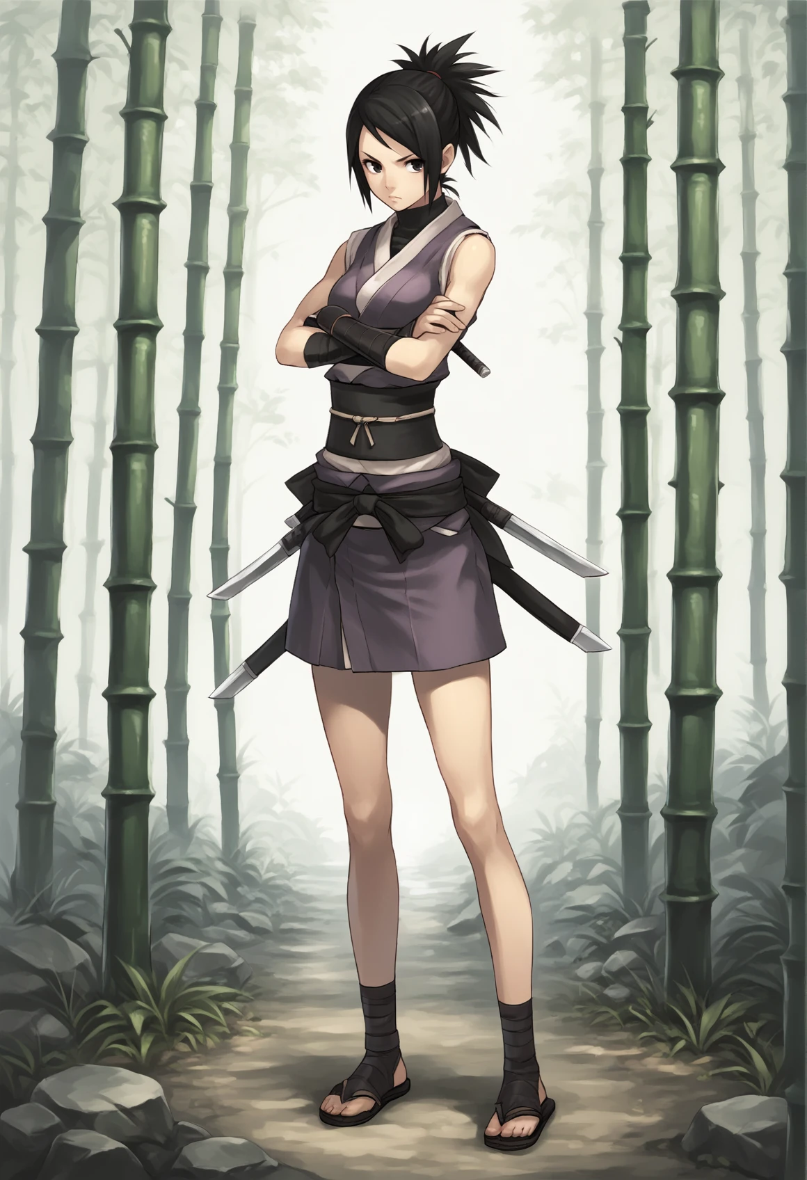 1girl, solo, medium hair, black hair, black eyes, ponytail, ayame4, ninja, japanese clothes, bare shoulders, single gauntlet, obi, skirt, bare legs, sandals, ribbon, outdoors, bamboo forest, crossed arms, standing, full body, cowboy shot <lora:Ayame_Tenchu:1>, score_9, score_8_up, score_7_up, score_6_up, score_5_up, score_4_up, BREAK source_anime, masterpiece