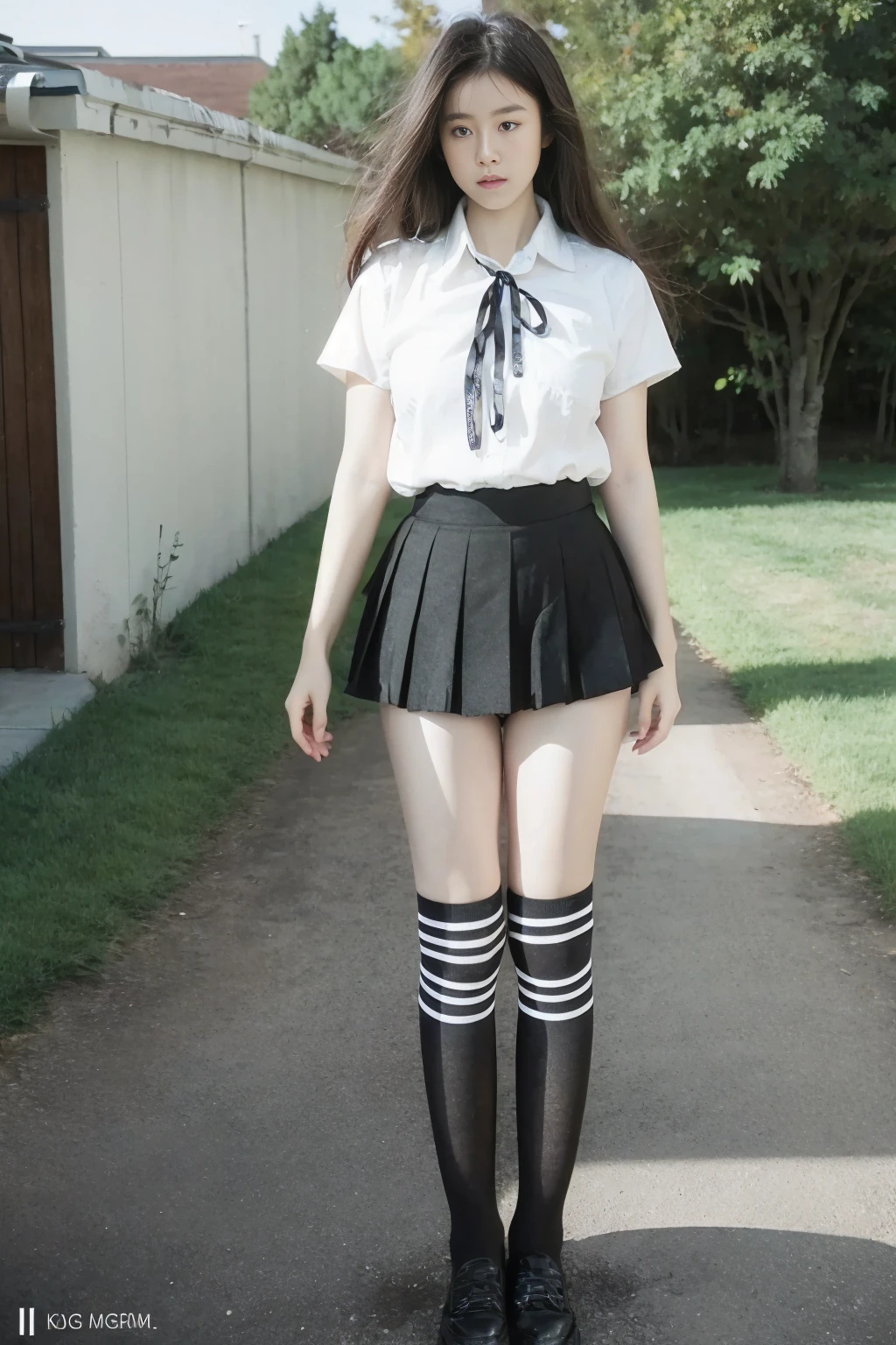 <lora:qingquxueshengfu:0.8>,<lora:1.5_perfect hands:0.8>,<lora:è
¿-000001:0.4>,full_body,a girl,school_uniform,shirt,truncated shirt,pleated_skirt,white shirt,outdoors,black pleated skirt,black tube socks,white bar,black ribbon,standing,<lora:Again_Girl_A14:0.8>,, best quality, masterpiece, (realistic, photo-realistic:1.37),ultra high res,highres,, illustration. media, delicate,8k wallpaper,soft light,official art,professional lighting, photon mapping, radiosity, physically-based rendering,1girl,