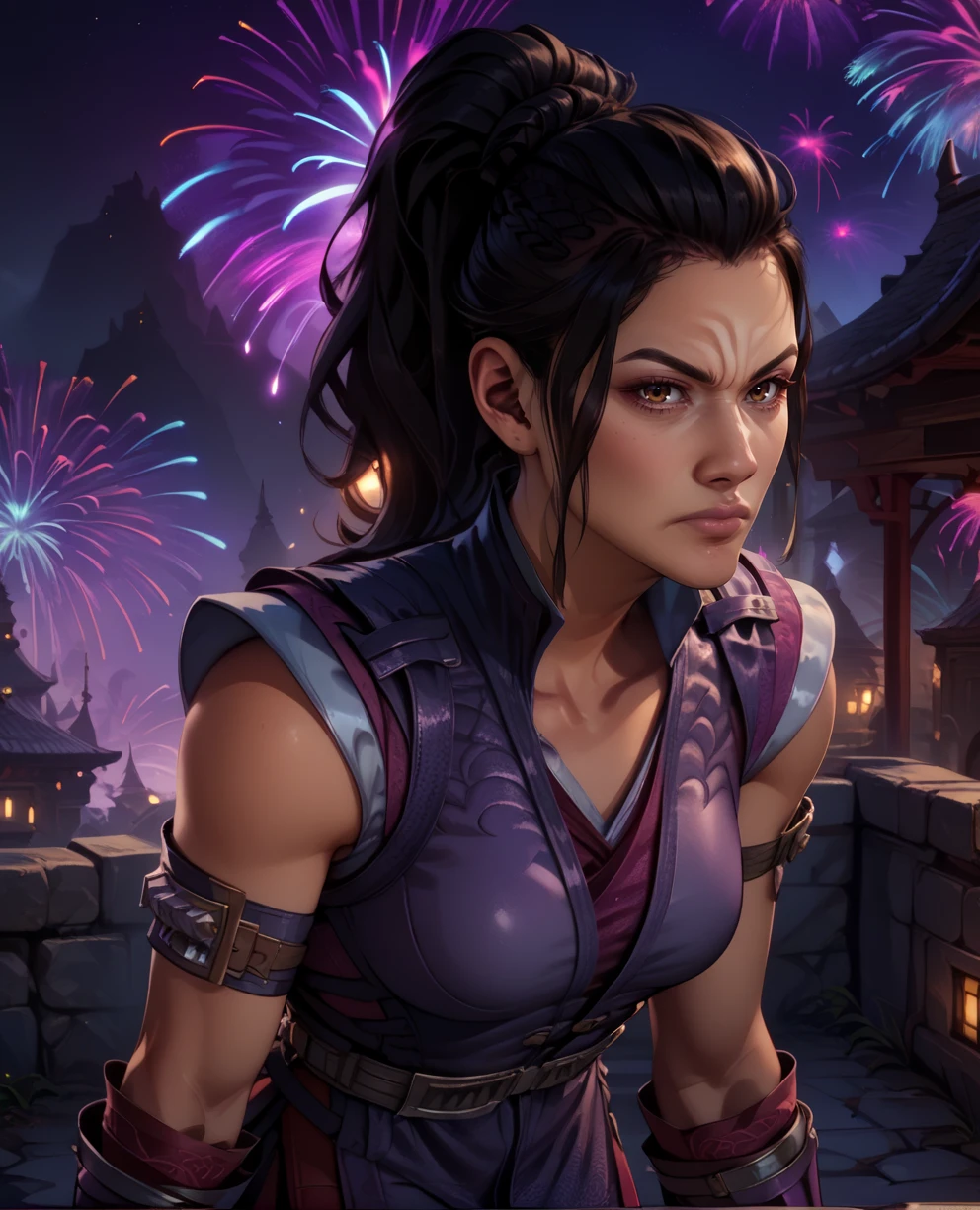 score_9,score_8_up,score_7_up,score_6_up,
limeixl,black hair,brown eyes,ponytail,dress,(pelvic curtain:1.1),
siiting,upper body,leaning forward, serious,
vest,(red pants:0.8),purple gauntlets,
looking at viewer,
standing at attention,fantasy,night,purple fireworks,
<lora:LiMeiMK1:1>,solo,