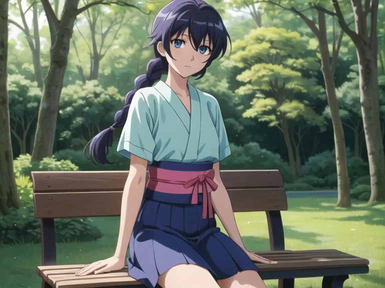 ((illustration, 90s, 1990s, anime)), 40_anime, 8_MakimachiMisao, dataset, 1girl, single braid, black hair, long hair, blue eyes, japanese clothes, short sleeves, blue short kimono, pink bow, sash, looking at viewer, expressive face details, outdoors of a beautiful forest, makimachi misao, sitting in a bench in a beautiful park, <lora:Makimachi Misao S:1.1>, masterpiece, best quality, high quality