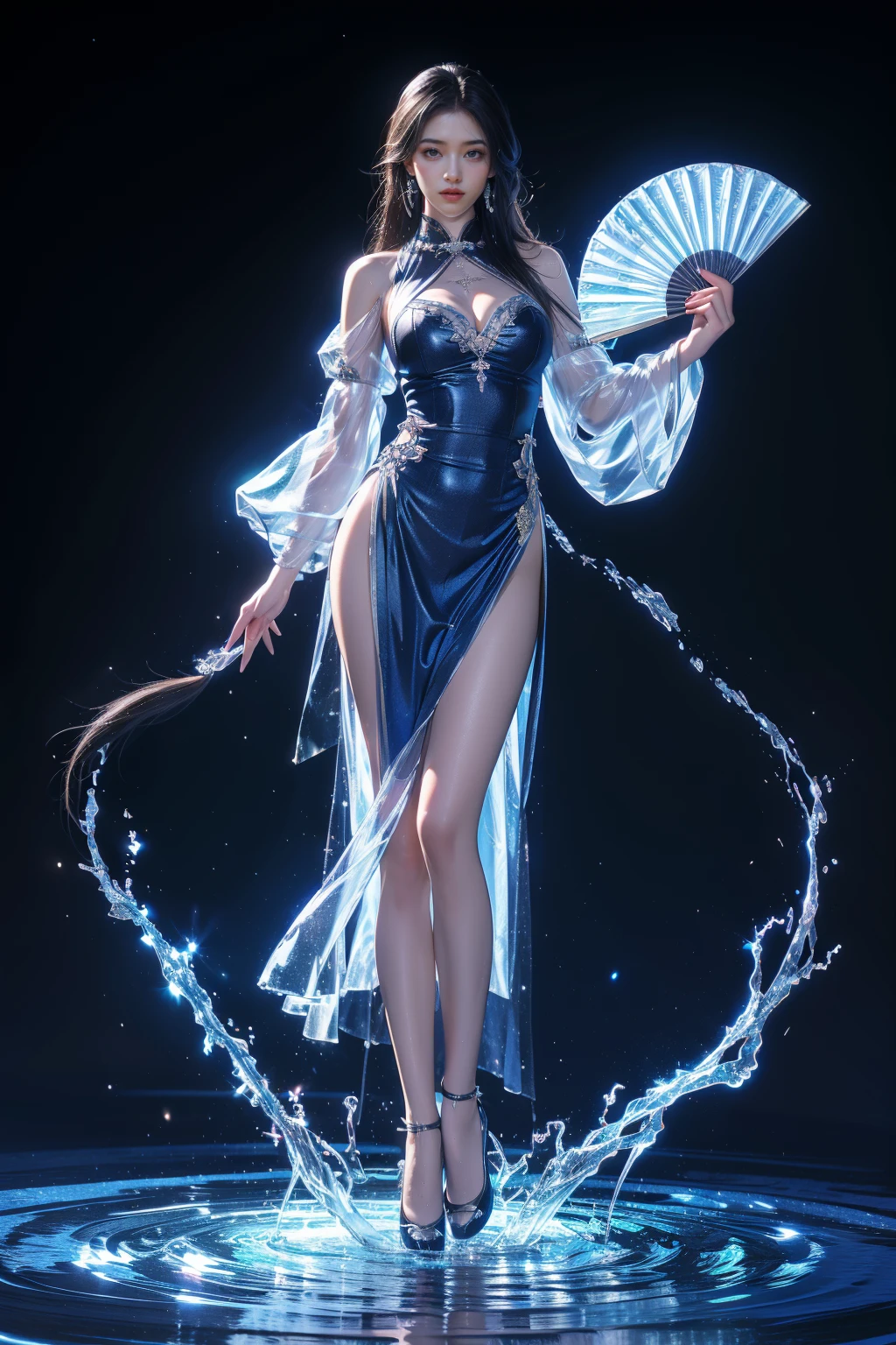 yushuishan, 1girl, breasts, hand fan, solo, jewelry, water, blue eyes, earrings, full body, long hair, see-through, dress, large breasts, holding, looking at viewer, holding fan, high heels, black hair, folding fan, long sleeves, see-through sleeves, cleavage, smile, black background, standing, chinese clothes, puffy sleeves, side slit, blue footwear, bangs, blue dress, hydrokinesis,
Best quality,masterpiece,ultra high res,<lora:20240324-1711284521625-0020:0.65>,