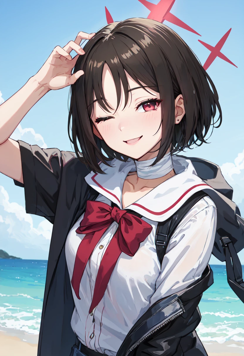 best quality, masterpiece, highres, solo, (misaki_bluearchive:1.10), smile, happy, one eye closed, portrait, looking at viewer, 29 <lora:misaki_bluearchive:0.80>