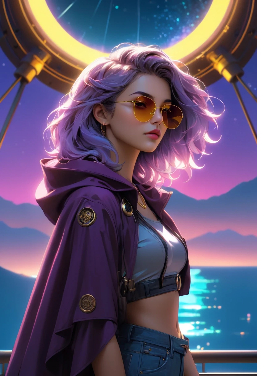 neonpunk style A beautiful woman stands prominently in front of a serene lake, set against the backdrop of an Event Horizon Telescope. She exudes an air of mystery and intrigue. Her attire is a blend of old and new - a 1940's inspired crop top paired with modern denim shorts. The colors around her are rich - silver tudor gold and amethyst gemstones adding to her allure. A fur-trimmed olive ray-ban glasses rests on her face while she gazes into the distance with hollow eyes. Her moody cloak and dark . cyberpunk, vaporwave, neon, vibes, vibrant, stunningly beautiful, crisp, detailed, sleek, ultramodern, magenta highlights, dark purple shadows, high contrast, cinematic, ultra detailed, intricate, professional