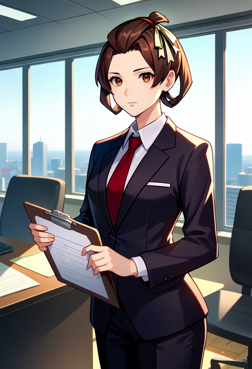 score_9, score_8_up, score_7_up, source_anime, solo, 1girl, mikotoba susato, expressionless, looking at viewer, standing, holding clipboard, brown hair, hair rings, bangs pinned back, hair ribbon, formal, suit, black jacket, red necktie, long sleeves, black pants, indoors, office <lora:gaa_susatomikotoba_ponyXL:1>