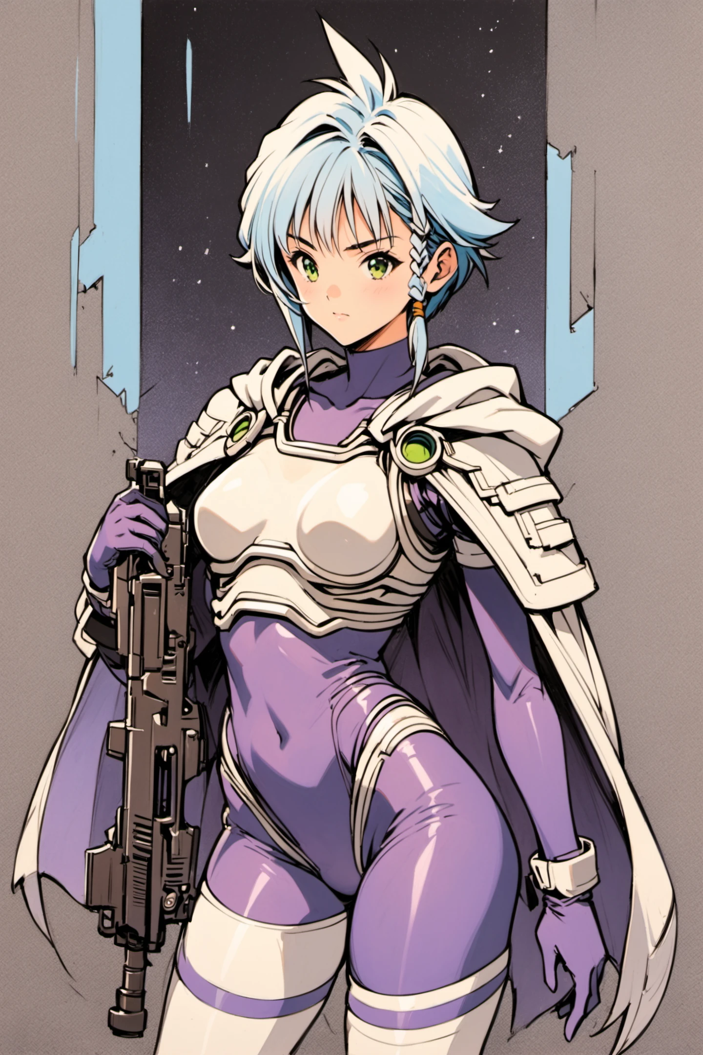Karin Aoi,1girl,solo,weapon,gun,green eyes,side braid,handgun,short hair,blue hair,white hair,Purple_bodysuit_White_Pauldrons_White_breastplate_Asymmetrical_legwear_White_thighhighs_hood_down_Purple_Cape,upper body,traditional media,<lora:Katsura Masakazu_XL_V2-000010:0.8>,