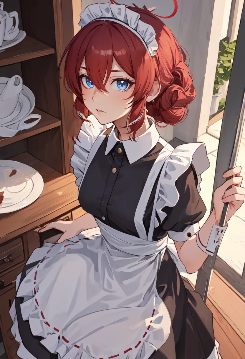 best quality, masterpiece, highres, solo, (maki_bluearchive:1.10), (maid:1.40), (long maid dress:1.15), 19 <lora:maki_bluearchive:0.80>