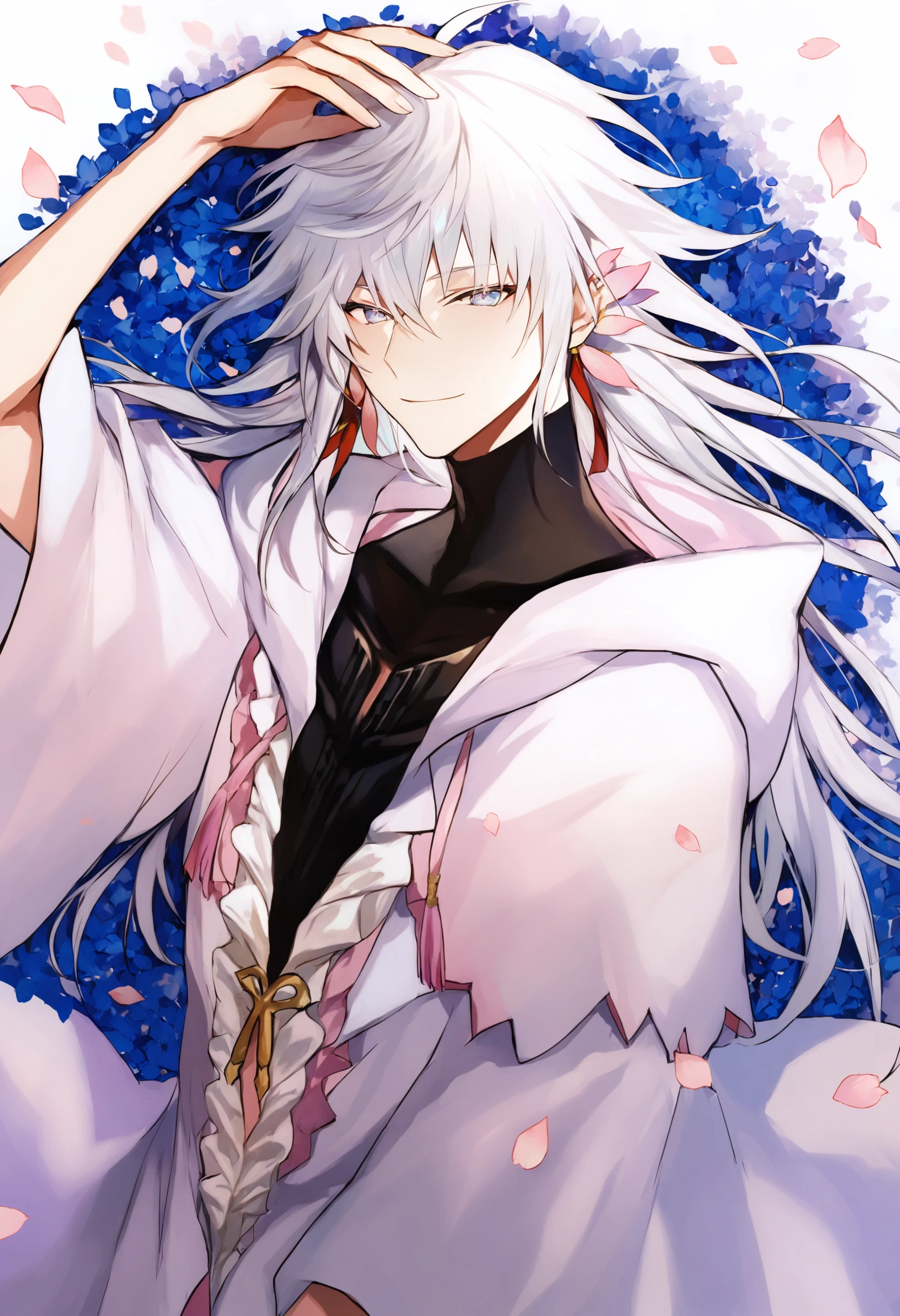 best quality, masterpiece,1boy, solo, male focus, merlin \(fate\), long hair, white hair, smile, robe, hair between eyes, hood, very long hair, petals, upper body, simple background, blue eyes, purple eyes, looking at viewer, long sleeves, bishounen, wide sleeves, bangs, white robe, closed mouth, hooded robe, center frills, ribbon, hood down, hair ornament, white background, frills ,_èæ¯
<lora:lpmyaXLlokr4f-000143:1>