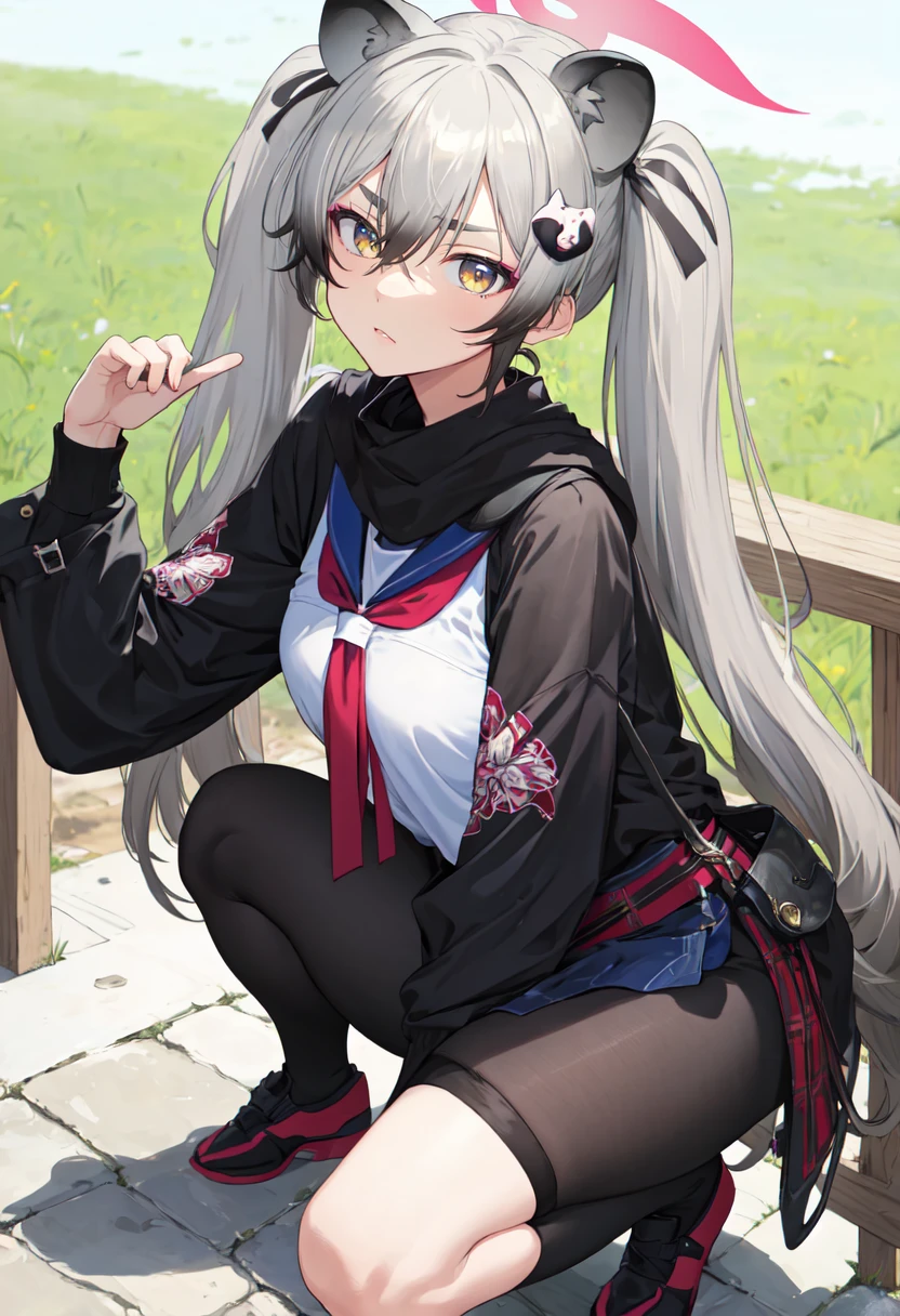 (safe:1.10), best quality, masterpiece, highres, solo, (michiru_bluearchive:1.10), squatting, cowboy shot, looking at viewer, 26 <lora:michiru_bluearchive:0.80>