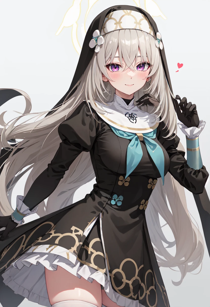best quality, masterpiece, highres, solo, (sakurako_bluearchive:1.10), 1girl, black dress, blue neckerchief, habit, juliet sleeves, looking at viewer, nun, black gloves, black thighhighs, closed mouth, simple background, blush, smile, cowboy shot, frilled dress, red eyes, 1 <lora:sakurako_bluearchive:0.80>