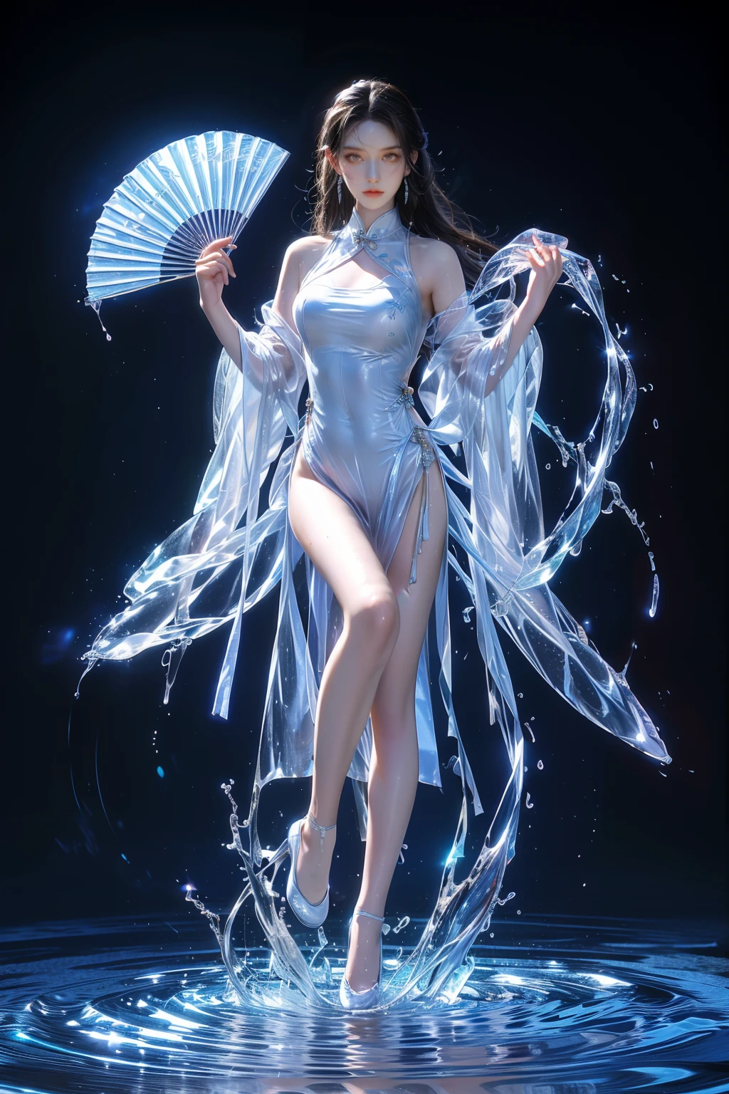 yushuishan, 1girl, water, black background, dress, solo, high heels, brown hair, long hair, hand fan, chinese clothes, white dress, looking at viewer, china dress, bare legs, wet, standing on one leg, shiny, brown eyes, leg up, holding, thighs, clothing cutout, splashing,
Best quality,masterpiece,ultra high res,<lora:20240324-1711284521625-0020:0.7>,