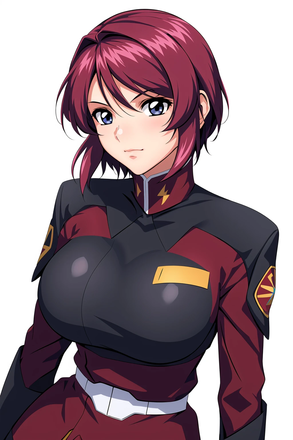 Simple White Background,
dynamic pose,standing at attention,
Red military, Black jacket, military uniform, long sleeves,
<lora:Lunamaria_Hawke_SeedD-KK77-V2:0.7>,lunamaria hawke,
blue eyes, Red hair,bangs,Short hair,
<lora:Oda_Non_Style-KK77-V2:0.3>,<lora:more_details:0.1>,
1 girl, 20yo,Young female,Beautiful long legs,Beautiful body,
Beautiful Nose,Beautiful character design, perfect eyes, perfect face,expressive eyes,perfect balance,
looking at viewer,(Focus on her face),closed mouth, (innocent_big_eyes:1.0),(Light_Smile:0.3),
official art,extremely detailed CG unity 8k wallpaper, perfect lighting,Colorful, Bright_Front_face_Lighting,White skin,
(masterpiece:1.0),(best_quality:1.0), ultra high res,4K,ultra-detailed,
photography, 8K, HDR, highres, absurdres:1.2, Kodak portra 400, film grain, blurry background, bokeh:1.2, lens flare, (vibrant_color:1.2),professional photograph,
(Beautiful,large_Breasts:1.4), (beautiful_face:1.5),(narrow_waist),