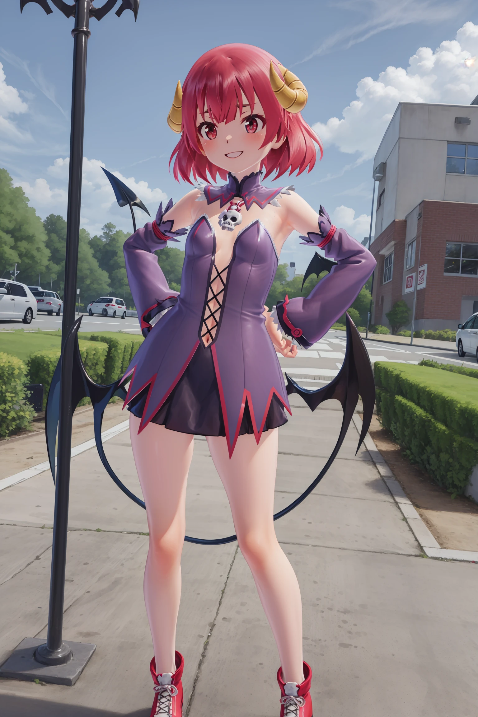 absurdres, high detail, uhd, school gate, school building, background, sky, cloud,
floating, holding trident, huge weapon, hand on hip, evil smile,
solo, kurona, small breasts, demon girl, demon horns, demon wings, demon tail, kuronacos, detached collar, pendant, purple dress, frills, bare shoulders, detached sleeves, navel, black skirt, red shoes, skull
<lora:game-galgun2-kurona-t2-000100:0.8>