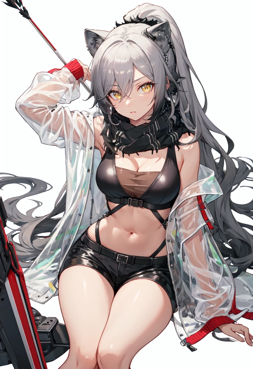 best quality, masterpiece, highres, solo, (schwarz_arknights:1.10), 1girl, black scarf, black shorts, cleavage, crop top, long sleeves, looking at viewer, midriff, navel, open jacket, short shorts, stomach, thighs, white jacket, bare shoulders, off shoulder, see-through, medium breasts, sitting, thigh strap, feet out of frame, simple background, arm up, arrow (projectile), bare legs, white background, 0 <lora:schwarz_arknights:0.80>