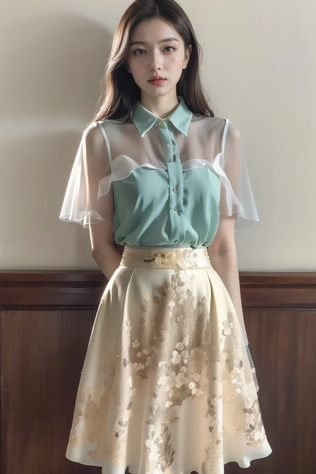 full_body,stand,xinzhongshi,transparent shirt,(patterned clothes:1.3),medium_skirt,((skirt:1.3)),complete body,<lora:1.5_perfect hands:0.8>,<lora:chinese-girl:0.7>,<lora:è
¿-000001:0.5>,the perfect hand,<lora:perfect hands:0.8>,è³è,v_legs,<lora:xinzhongshi1.1:0.8>,, best quality, masterpiece, (photorealistic:1),ultra high res,highres,, illustration. media, delicate,8k wallpaper,soft light,official art, (realistic:1.2),1girl,