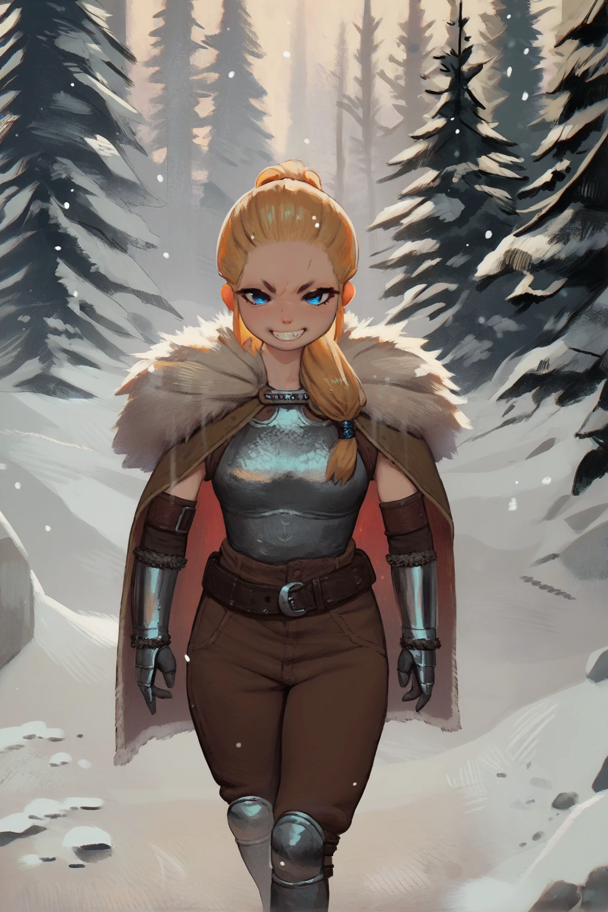 score_9, score_8_up, score_7_up, score_6_up, score_5_up, score_4_up, source_anime, front view, winter, forest, pine tree, snow, snowing, fog, looking at viewer, blue eyes, female, grin, v-shaped eyebrows, solo, human, blonde hair, long hair, ponytail, tied hair, medium breasts, armor, fur trim, fur bracers, pelt cape, brown pants, belt, viking, light skin, thick thighs