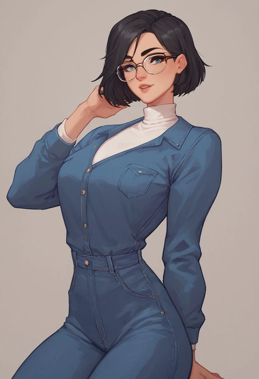 score_9, score_8_up, score_8, rating_explicit,
girl, solo, ((lean build)),
black hair, short hair, bob cut, straight hair, neat and elegant bob,
white turtleneck with long sleeves, denim jumpsuit,
massive rectangular glasses,
((looking at viewer)),