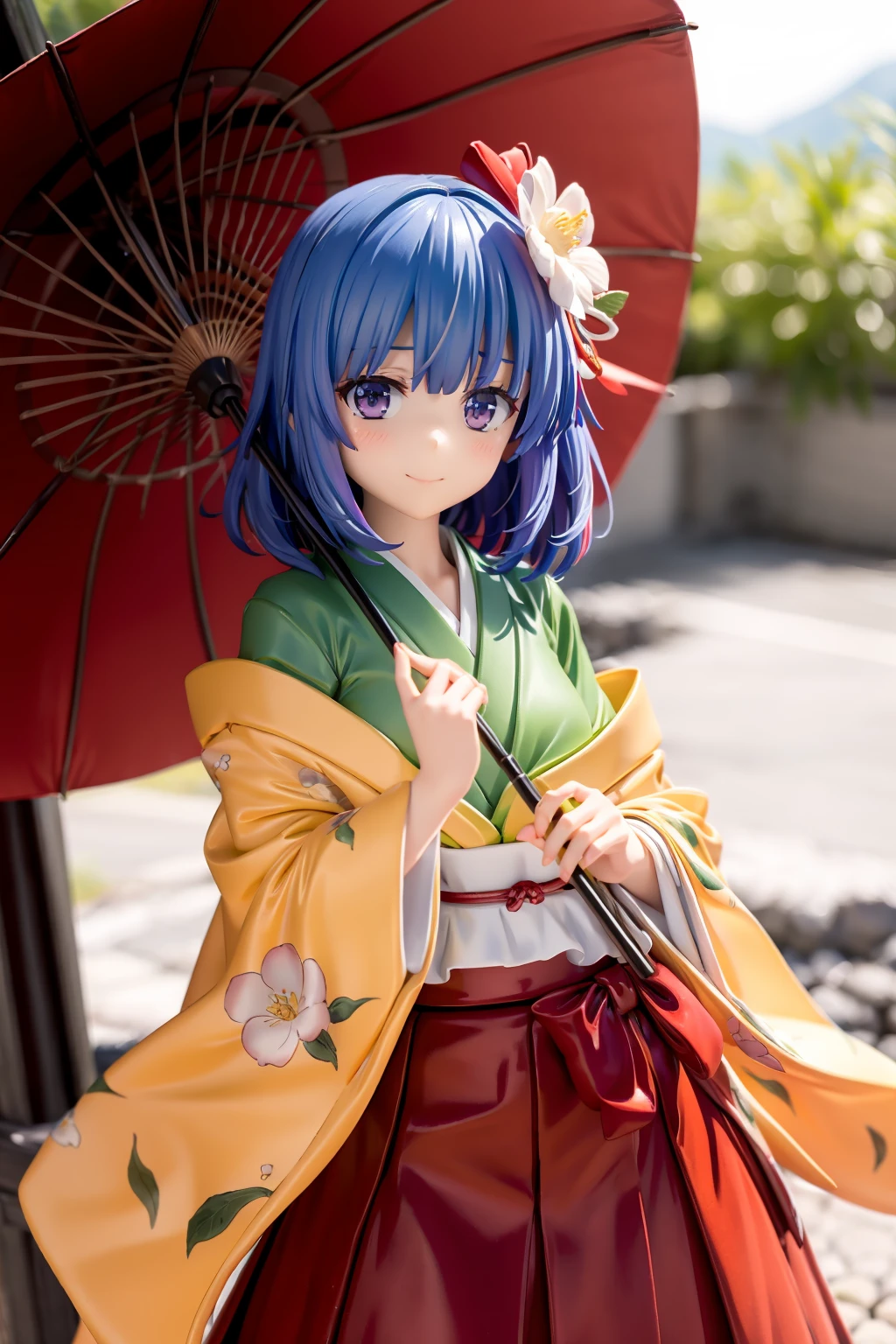 masterpiece, best quality, <lora:HiedanoAkyuu:1>,1girl, solo, hieda no akyuu, purple hair, flower, japanese clothes, umbrella, hair flower, hair ornament, purple eyes, kimono, holding, outdoors, tree, shide, skirt, oil-paper umbrella, rope, long sleeves, holding umbrella, looking at viewer, wide sleeves, red skirt, floral print, green kimono, shimenawa, short hair, bangs, hakama, sunlight, standing, hakama skirt, white flower, closed mouth, day, red hakama, torii, sash, layered clothes, blunt bangs, off shoulder, smile, red umbrella, light rays, expressionless, obi, nature, shrine, cowboy shot, dappled sunlight, leaf, medium hair