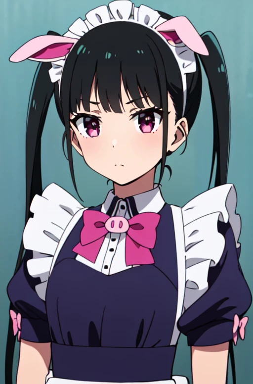 concept art masterpiece, highres, best quality, absurdres,   <lora:YumechiR4:0.7>, YumechiR4, 1girl, black hair, purple eyes, long hair,  looking at viewer, upper body, twintails, maid, bowtie, pink pig ears, simple background, blue background . digital artwork, illustrative, painterly, matte painting, highly detailed