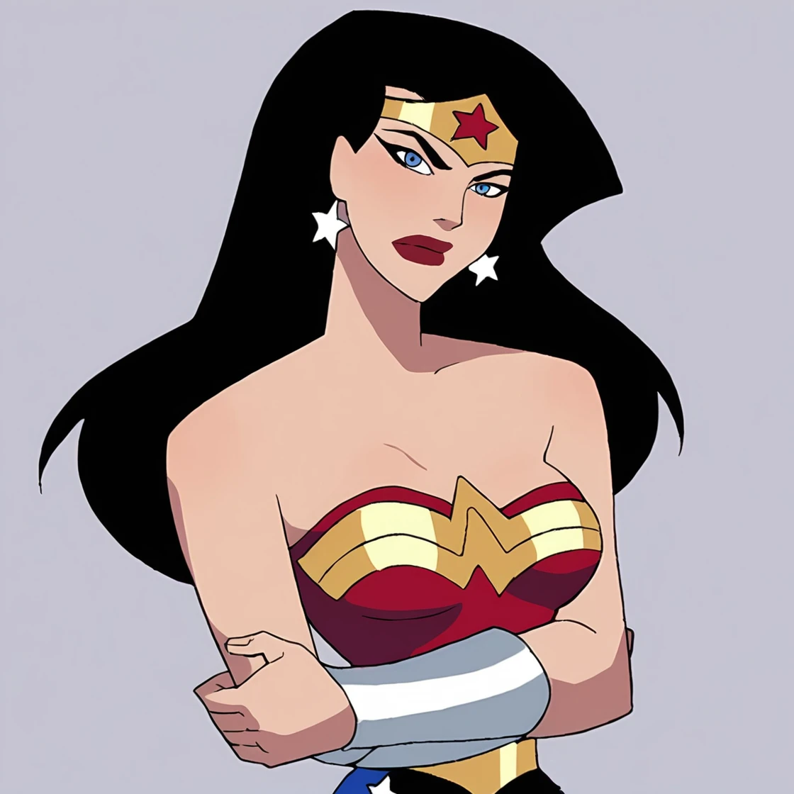 score_9, score_8_up, score_7_up, score_6_up, absurdres, best quality,  source_cartoon, looking at viewer, simple background, portrait, crossed arms,  <lora:JLWW:1> ,wwjl, 1girl, long hair, breasts, lipstick, black hair, bare shoulders, jewelry, earrings, lasso, lasso of truth, wonder woman, vambraces, strapless, boots, star, (symbol), leotard, tiara, red footwear, bracer, star earrings, high heel boots, star print,