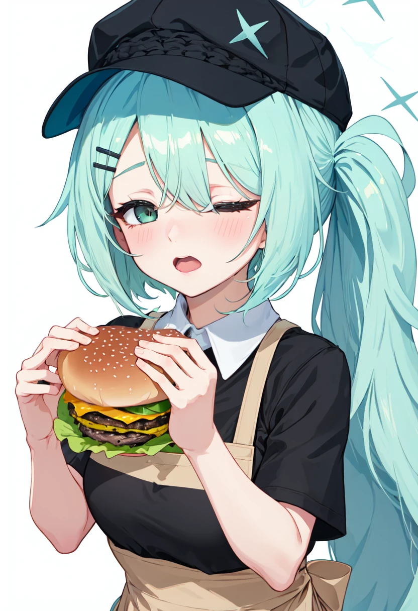 best quality, masterpiece, highres, solo, (hiyori_bluearchive:1.10), 1girl, black shirt, open mouth, short sleeves, blush, brown apron, burger, holding food, collared shirt, simple background, chibi, closed eyes, looking at viewer, white background, 4 <lora:hiyori_bluearchive:0.80>