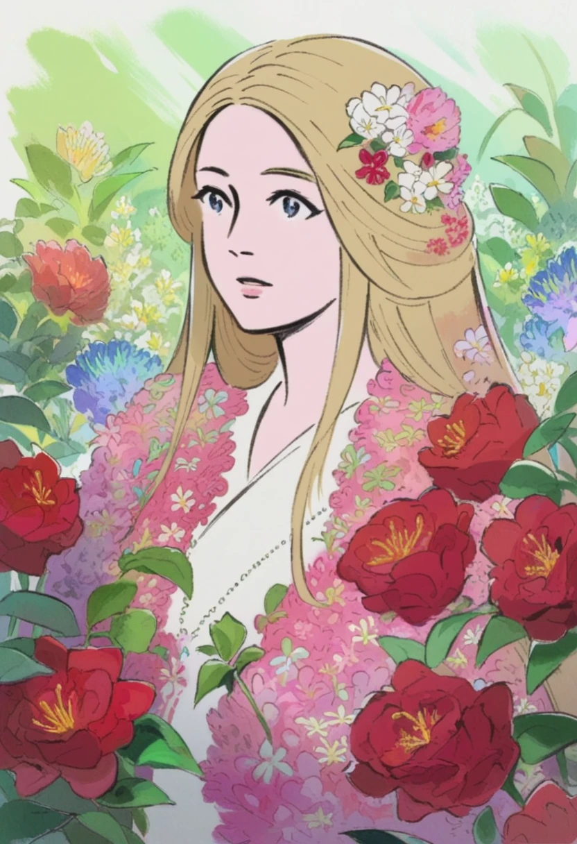 score_9, score_8_up, score_7_up,  1 girl, beautiful flowers, flower corsage in hair, (flowers in background, abstract flower background), blonde hair, long hair <lora:Khm0n0gatar1StylePonySDXL:1> khm0n0gatar1