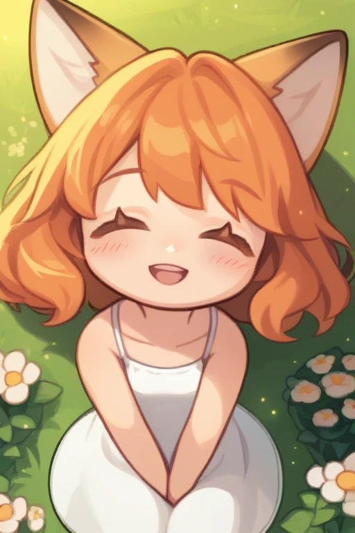score_9, score_8, 1girl, orange hair, medium hair, fox ears, closed eyes, open mouth, smile, white dress, sundress, from above, wariza, close-up, straight-on, face, hand between legs, grass, flowers, garden, looking at viewer, light particles, sunbeam, sunlight, perfect lighting, highly detailed, blush, <lora:GTChibiXL640V1:0.7>, chibi