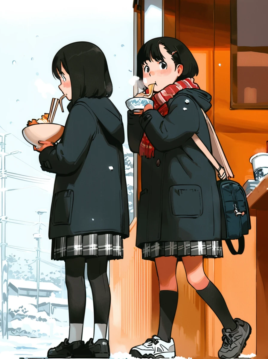 masterpiece, best quality, <lora:comiclo-xl-a3.1:1>,scarf, 1boy, black hair, coat, chopsticks, skirt, bag, shoes, plaid, socks, eating, red scarf, short hair, noodles, pantyhose, 1girl, white footwear, power lines, plaid skirt, holding chopsticks, holding, food, snowing, standing, sneakers, black eyes, long sleeves, bowl, utility pole, winter, kneehighs, winter clothes, outdoors, hood, black coat, holding bowl, snow, school uniform, pleated skirt, backpack, window, ramen, hood down, multiple girls, blush, breath, plaid scarf, jacket, winter coat, school bag, 2girls, building, black skirt, indoors, looking at another