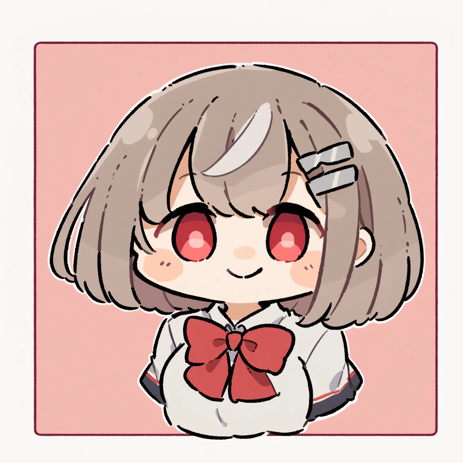 chibi, two-tone background, 1girl, solo, hair ornament, school uniform, shiomi kotone, gekkoukan high school uniform, hairclip, brown hair, bow, short hair, red eyes, red bow, upper body, simple background, ribbon, closed mouth, smile, bowtie, red bowtie, <lora:AChibiComic:0.9>