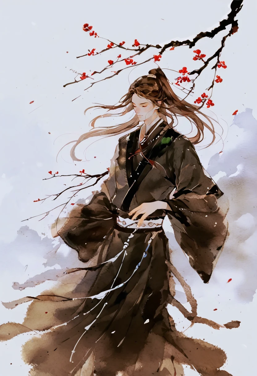 score_9, score_8_up, score_7_up, score_6_up, 1boy, long hair, solo, male focus, long sleeves, chinese clothes, closed eyes, brown hair, beads, branch, hanfu, painting \(medium\), floating hair, white background, traditional media, flower, closed mouth, watercolor \(medium\), wide sleeves, ponytail, wind