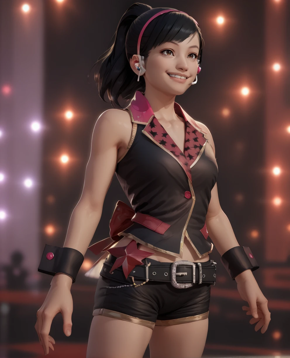 score_9,score_8_up,score_7_up,
harukaidol,brown eyes,black hair,ponytail,
black vest,black short shorts,belt,black wrist cuffs,hairband,headset,
standing, smile,
on-stage,
<lora:harukaIdol:1>,