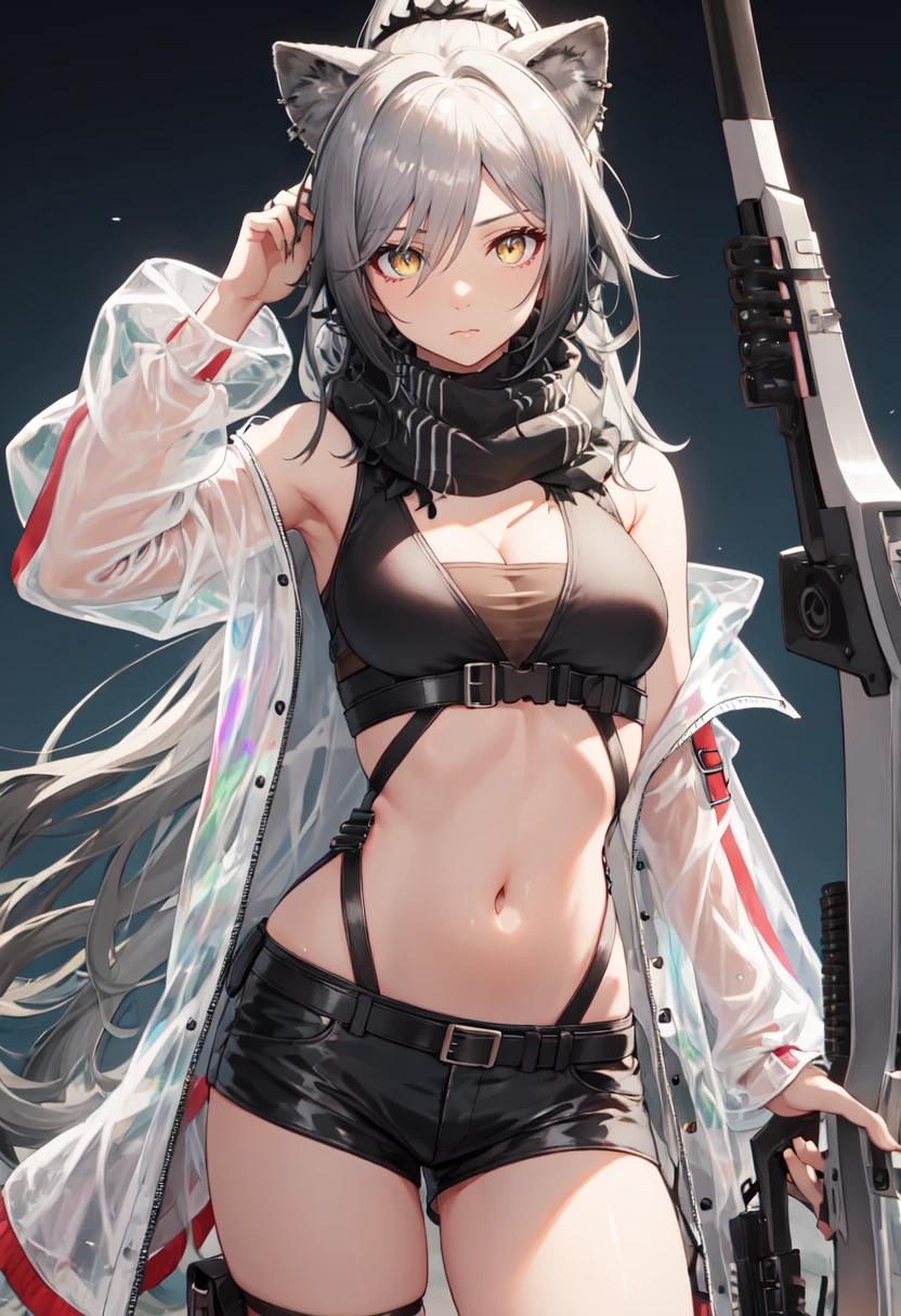 best quality, masterpiece, highres, solo, (schwarz_arknights:1.10), 1girl, black shorts, crop top, long sleeves, midriff, open jacket, short shorts, white jacket, black scarf, crossbow, navel, cleavage, holding weapon, stomach, looking at viewer, thighs, thigh strap, arrow (projectile), cowboy shot, standing, bare shoulders, medium breasts, off shoulder, quiver, see-through, 1 <lora:schwarz_arknights:0.80>