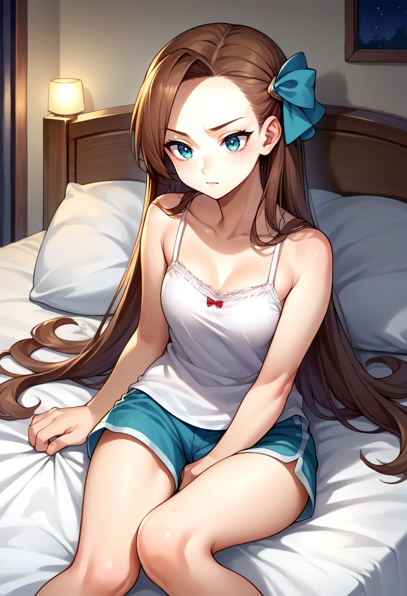score_9, score_8_up, source_anime, 1girl, solo, KatarinaClaes, long hair, asymmetrical bangs, hair bow, sleepwear, camisole, shorts, on bed, night, <lora:CHAR-KatarinaClaesPonyXL:1>