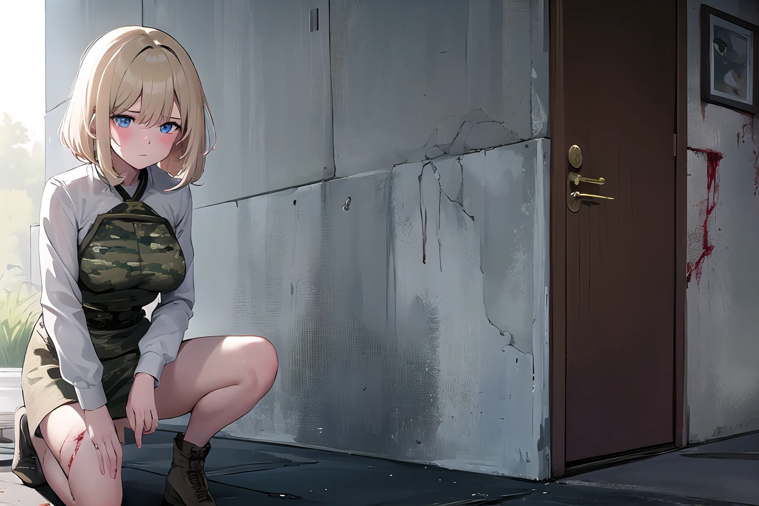 solo, hires,high quality,best quality,1girl, mature female,full blush,medium breasts, blonde hair, blue eyes, cuts on leg,torn clothes, blood, forest,  portrait, upset,angry, lightcuts, <lora:light cuts v1:1.0>,(on one knee:1.2), hallway, holding handgun, military camo outfit, cuts, scratches, scrape,  wall, door, outdoors,  <lora:left side position:1.0>, halter shirt