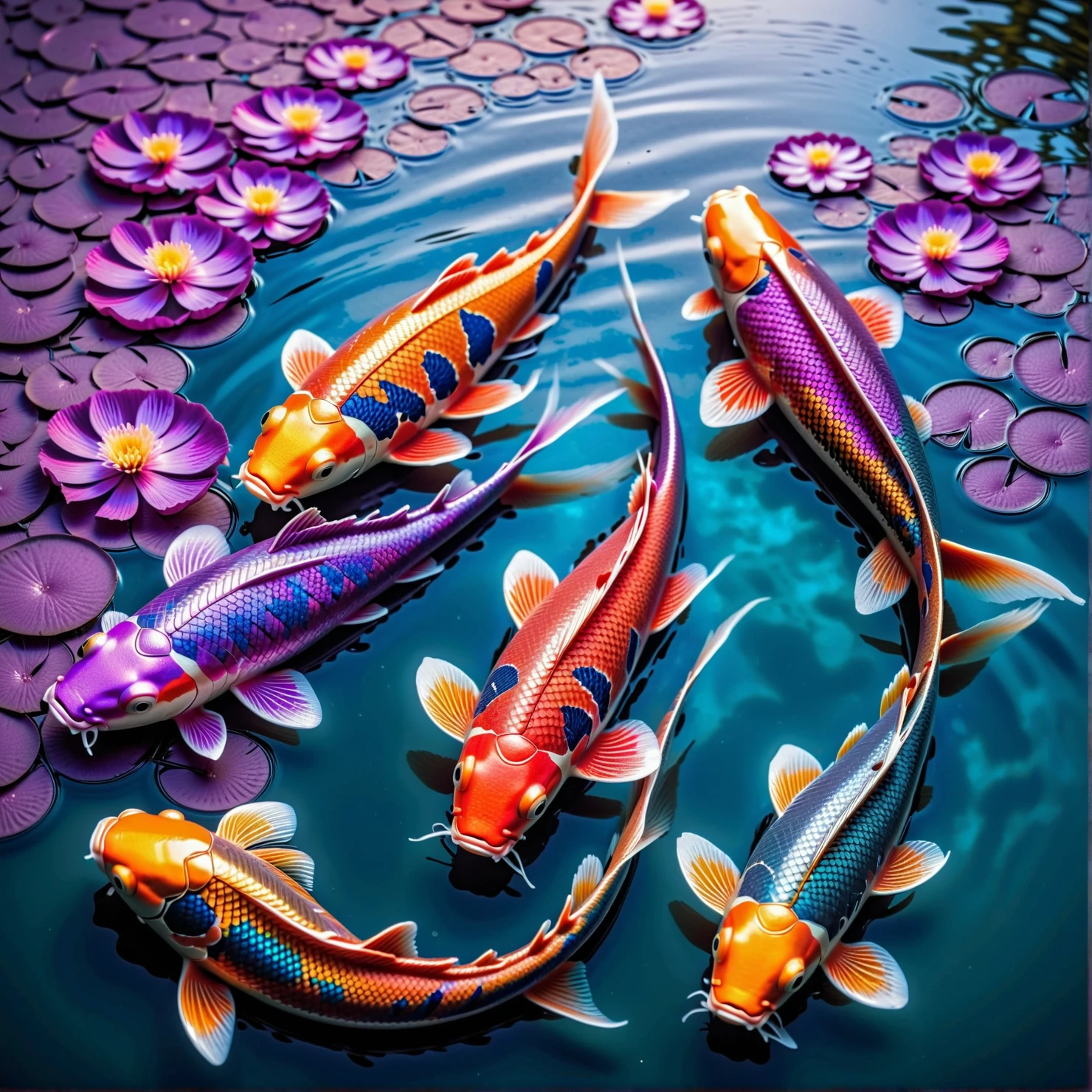 timascus style,realistic, a photo of a  koi carp lake with thousands of small timascus carps swimming, water lillies,(SimplePositiveXLv2:0.6), <lora:Timascus_merge:1>