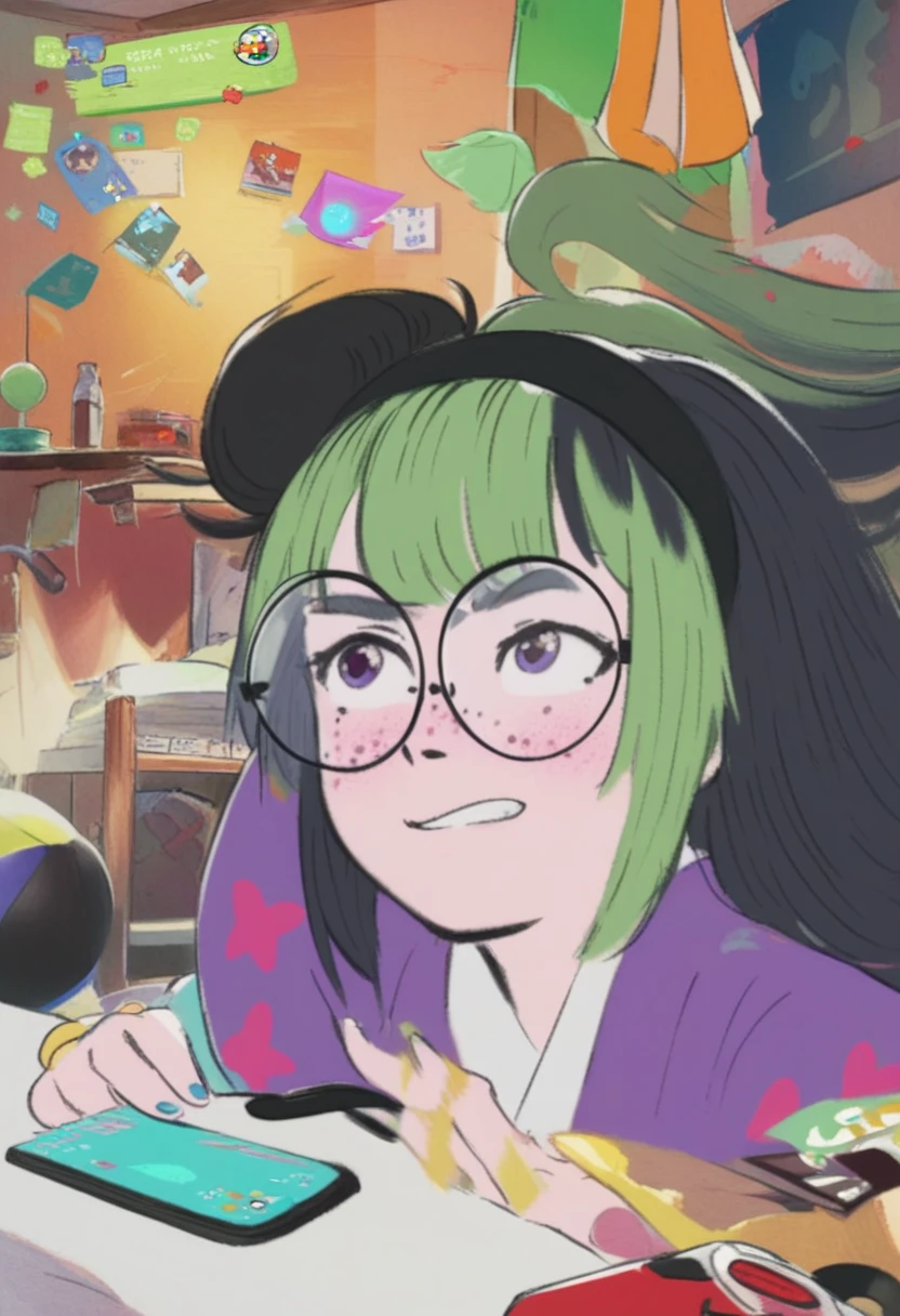 score_9, score_8_up, score_7_up, 1woman, anime, hentai, official art, break mixxxed, green black multicolored hair,  freckles,mole, hair bun, round eyewear, break, twerking, live on twitch, banned, simple background, gamer room, onlyfans <lora:Khm0n0gatar1StylePonySDXL:1> khm0n0gatar1