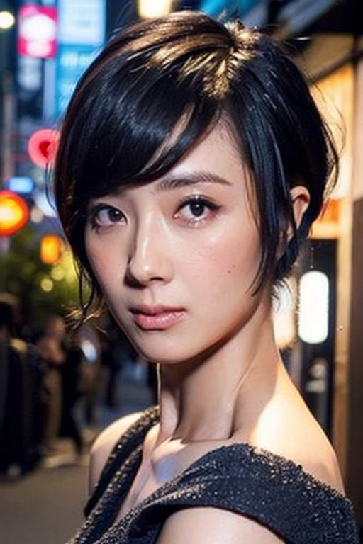 Best quality,masterpiece,ultra high res,(photorealistic:1.2),1girl,in the dark,deep shadow,low key,slim body,undone hair,off shoulder,japanese street alley,dynamic pose,face closeup,<lora:lunmei_guey:1>,cityscape,