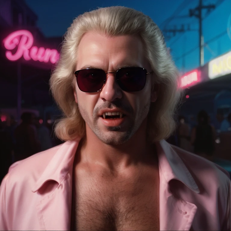 Photorealism, Ron Dracula, vampire, fangs, pale skin, hypnotic eyes, 1980s fashion, sunglasses, Miami Vice inspired, vaporwave color palette, night, outdoors, South Beach, Miami 1984 <lora:LORA-XenoDetailer-v3A:0.3> <lora:VampireFangs_v1.1:1>
