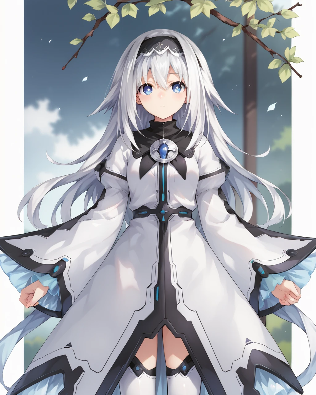 score_9, score_8_up, score_7_up,
<lora:Arusu_Maria_PONY:0.8>,arusu maria,1girl, solo, long hair, blue eyes, white hair,hair between eyes,white dress,white thighhighs, long sleeves, wide sleeves,black hairband,