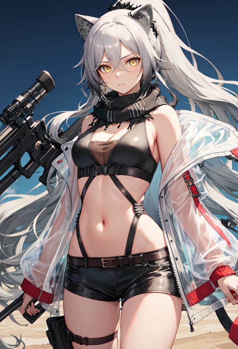 best quality, masterpiece, highres, solo, (schwarz_arknights:1.10), 1girl, black shorts, crop top, long sleeves, midriff, open jacket, short shorts, white jacket, black scarf, crossbow, navel, cleavage, holding weapon, stomach, looking at viewer, thighs, thigh strap, arrow (projectile), cowboy shot, standing, bare shoulders, medium breasts, off shoulder, quiver, see-through, 3 <lora:schwarz_arknights:0.80>