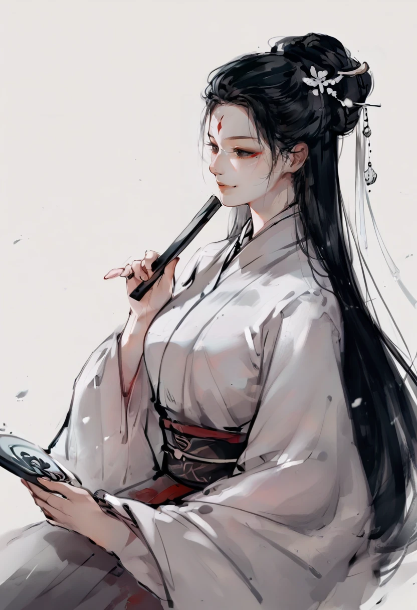 score_9, score_8_up, score_7_up, score_6_up, 1girl, solo, hair ornament, forehead mark, white background, chinese clothes, black hair, hanfu, long sleeves, holding, long hair, sash, hand fan, facial mark, dress, hair bun, simple background, smile, upper body, looking to the side