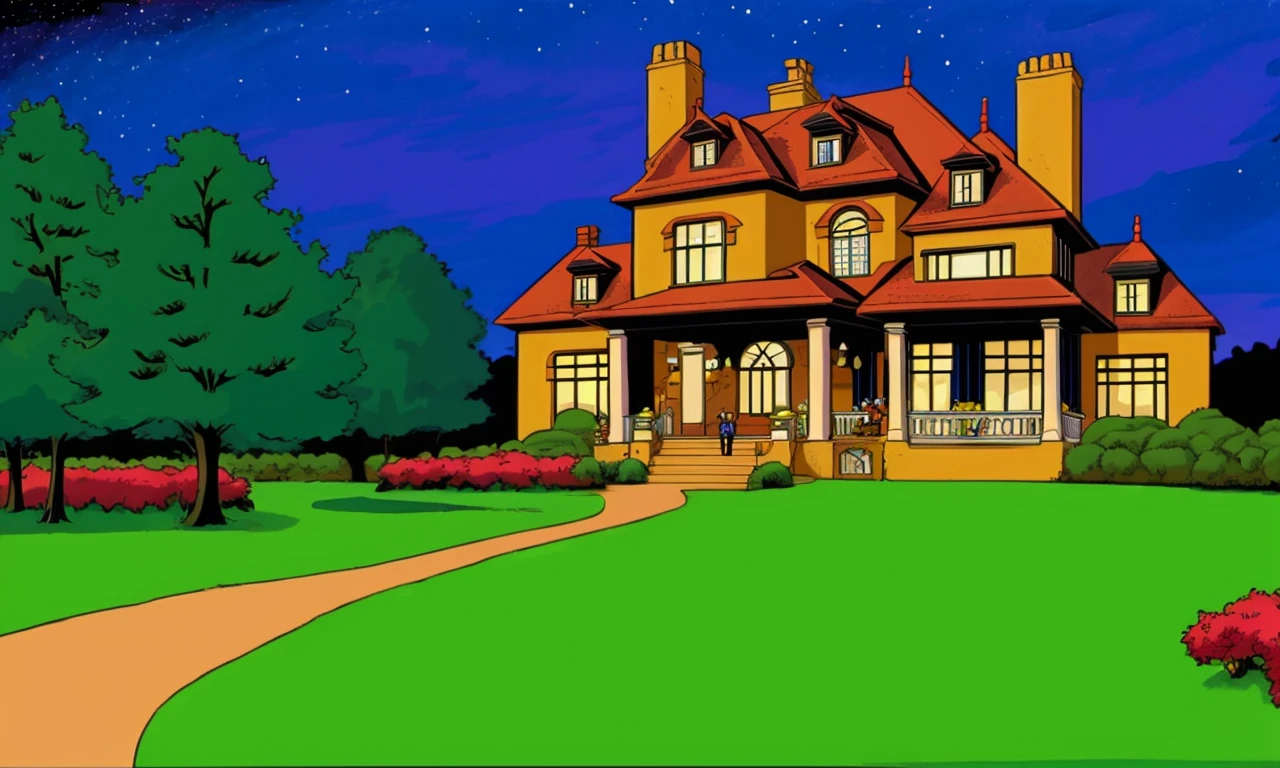 xmtas1997, cartoon, flat colors, best quality, masterpiece, trending on arstation, mansion, night, large manor