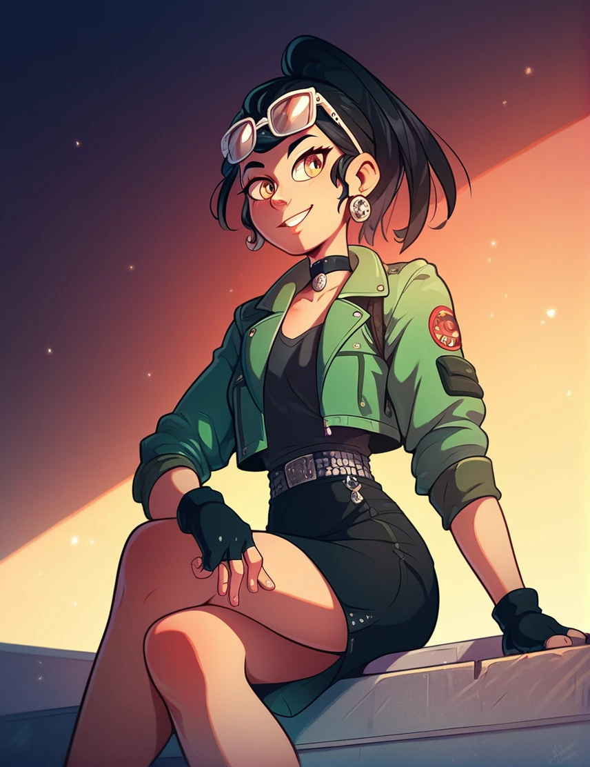 score_9, score_8_up, score_7_up, score_6_up, score_5_up, 1girl, <lora:An-An_Lee:0.65>, an-an-lee, black hair, ponytail, eyewear on head, yellow eyes, earrings, choker, green jacket, skirt, smile, black skirt, black gloves, fingerless gloves, sitting,