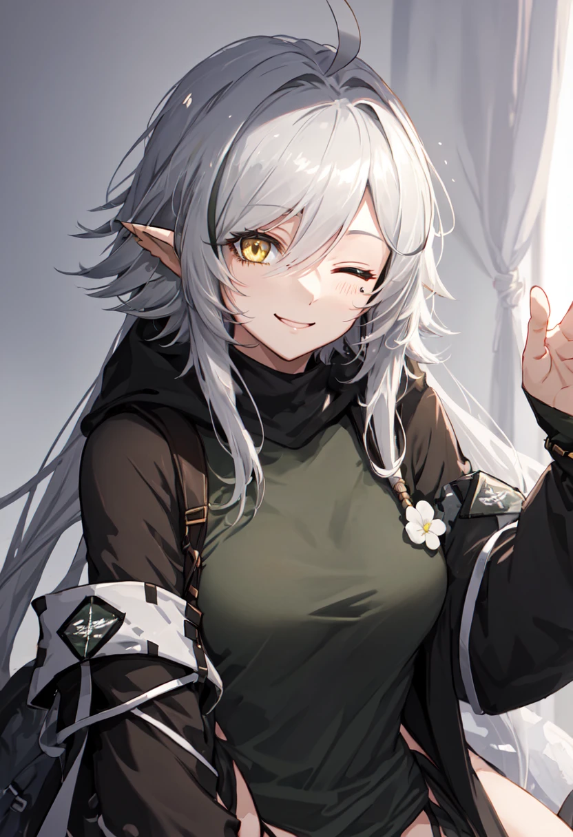 best quality, masterpiece, highres, solo, (tomimi_arknights:1.10), smile, happy, one eye closed, portrait, looking at viewer, 38 <lora:tomimi_arknights:0.80>