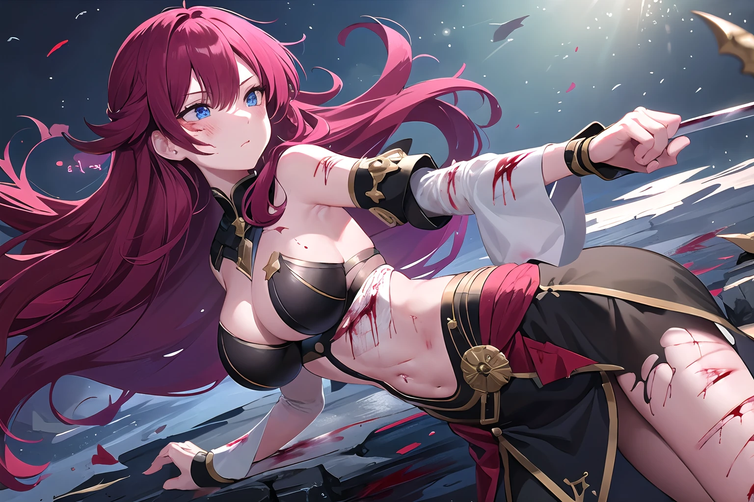 hires,high quality,best quality,1girl, mature female,full blush, red hair, blue eyes,  large breasts, very long hair, curly hair, red eyes,(pov:1.2),( torn clothes:1.2),cuts, injury, blood on arms, blood on thigh,cut on face, blood, lightcuts, blood on face,fantasy, feminine armor, serious expression, looking afar, battlefield,(from side:1.2), sideways glance, pelvic curtain, holding sword, sword,standing straight, cracked armor, profile, pointing with sword
<lora:light cuts v1:1.0>