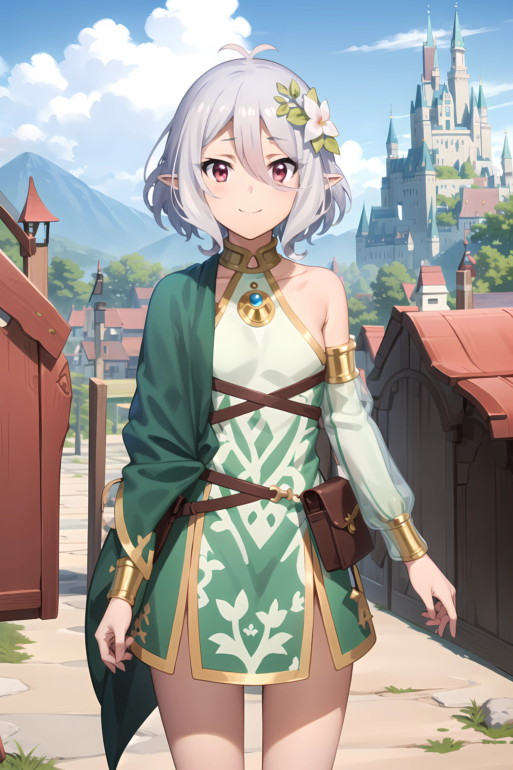best quality, masterpiece, detailed,
kokkoro,
1 Girl, Shut up, A faint smile,
头Flowering白, short hair, Antenna hair, pink eyes, Flowering, Pointed ears,
kokkoroDress, skirt, Separate sleeves, Green Cape, Single bare shoulders,
permanent, looking at the audience,
outdoor, (castle:1.2), fantasy