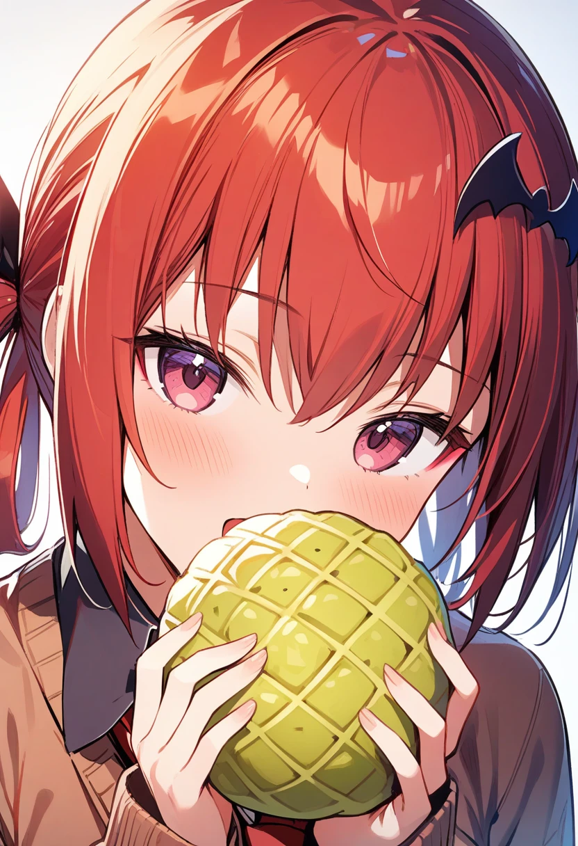 1girl, satanichia kurumizawa mcdowell, gabriel dropout, masterpiece, best quality, solo, detailed eyes, absurdres, extremely detailed, cardigan, happy, holding melon bread, rating: safe, nsfw, perfect features, makeup, eyeliner, intricate details, ultra resolution image <lora:satania-xl-000005:0.8>