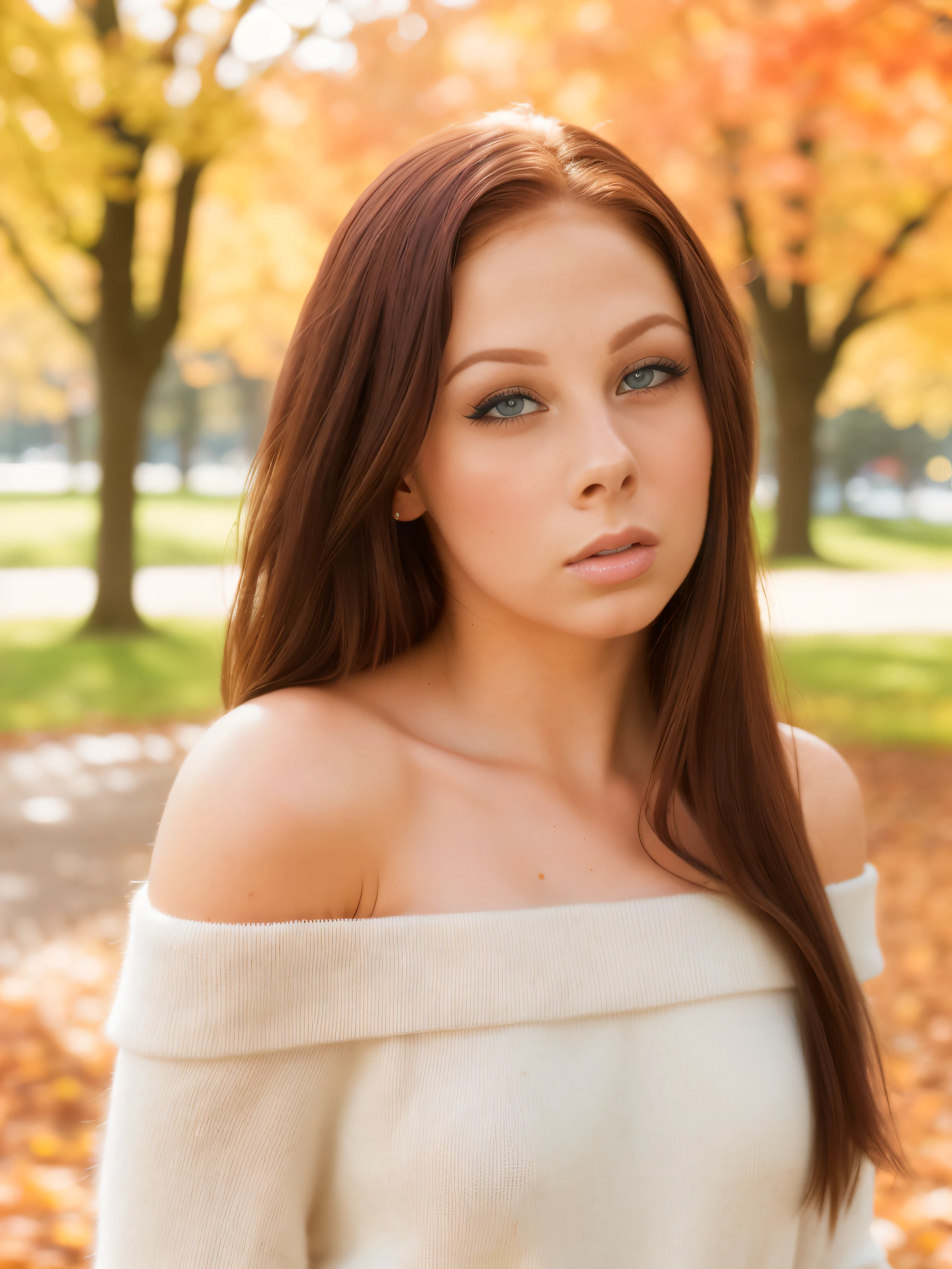 (upper body shot:1.2), photo of beautiful woman, giamichaels, long perfect hair, (wearing off shoulder jumper:1.2), (city park, autumn:1.2), (analog, cinematic, film grain:1.3), ((detailed eyes)), (color picture:1.1), Fujifilm XT3, <lora:giamichaels:1>