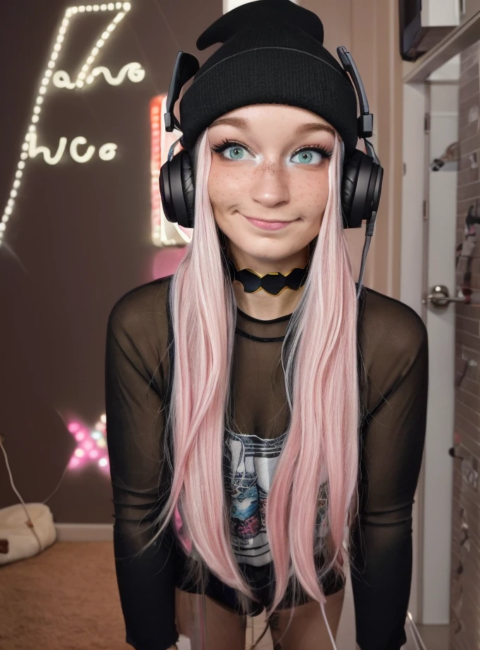 <lora:BBjess-000006:1> bbjess
photograph of a cute blond woman, pink hair, wearing a beanie with headphones, looking stoned, slight smile, Pot Leaf in the background, 420 theme, striking a pose, ornately decorated black top, black hotpants, thin black choker, thigh gap, long silver hair, pierced nose, very detailed face, sharp focus on eyes, blush, freckles, in a streamer bedroom, night, bokeh, microphone, singing, background lights, looking at the viewer, dynamic pose