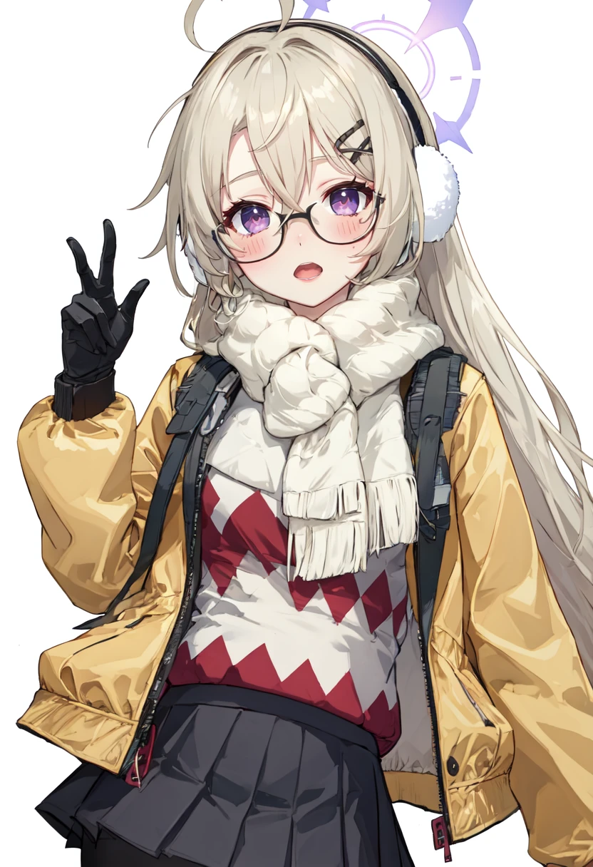 best quality, masterpiece, highres, solo, (kotama_bluearchive:1.10), long sleeves, yellow jacket, official alternate costume, white scarf, blush, 1girl, black pantyhose, open jacket, earmuffs, looking at viewer, pleated skirt, white gloves, grey skirt, simple background, white background, black skirt, open mouth, very long hair, 2 <lora:kotama_bluearchive:0.80>